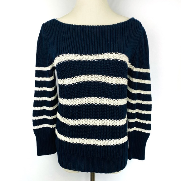J. Crew Sweaters - J.CREW Striped Chunky Navy White Crewneck Sweater